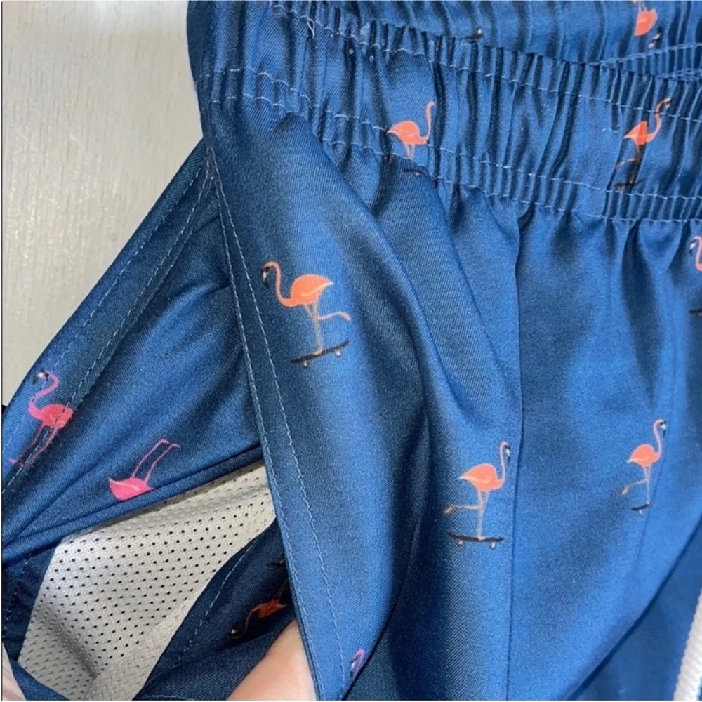 Tropical Sea Turtle Flamingo Print Swim Board Shorts Swimsuit Trunks Small S